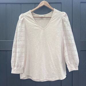 Chenault Puff Sleeve Tee with Eyelet Detail, Cream V-neck L